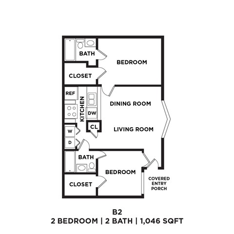 A floor plan of a 2 bedroom apartment with 2 bathrooms.